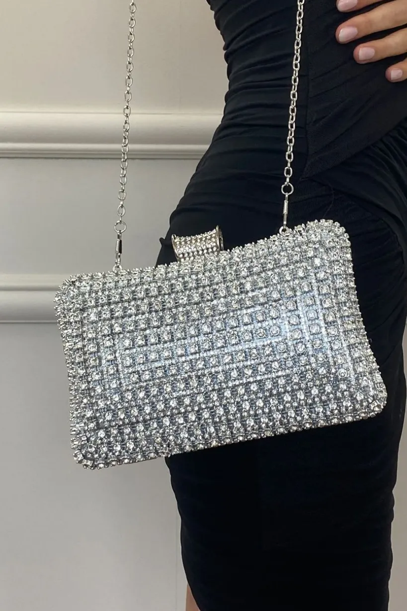 Silver Diamante Clutch Bag by SVNX