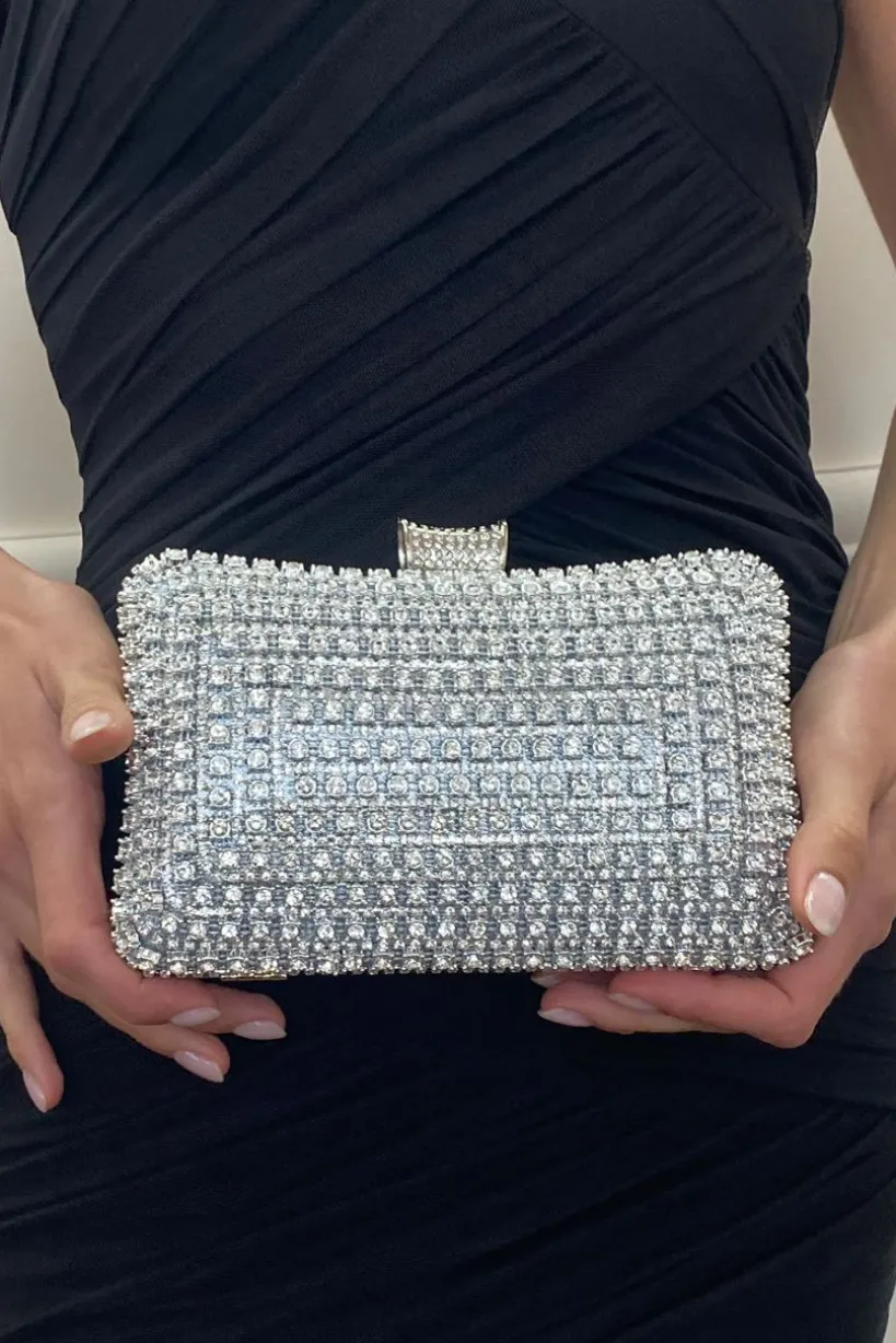 Silver Diamante Clutch Bag by SVNX