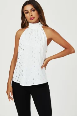 Silver Foil Halter Neck Tie Back Top In White by FS Collection
