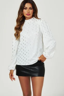 Silver Foil Long Sleeve High Neck Top In White by FS Collection