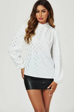Silver Foil Long Sleeve High Neck Top In White by FS Collection