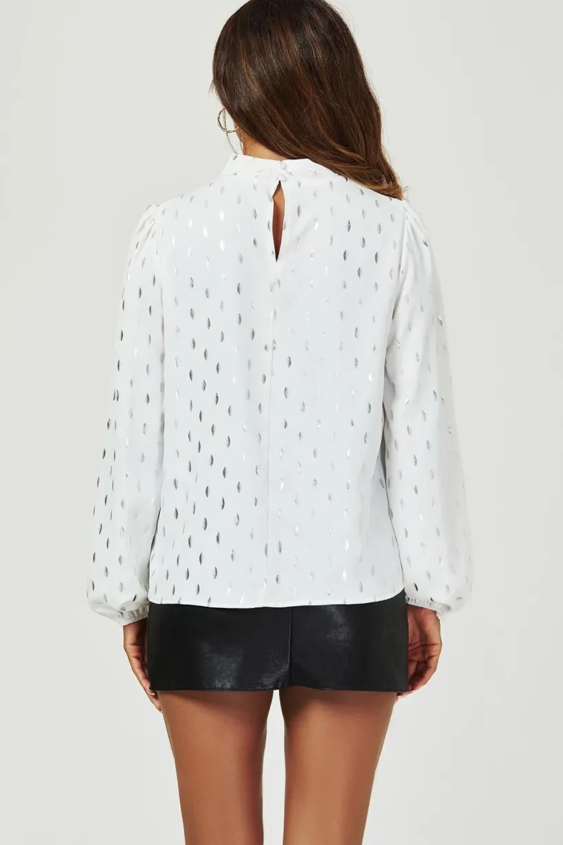 Silver Foil Long Sleeve High Neck Top In White by FS Collection