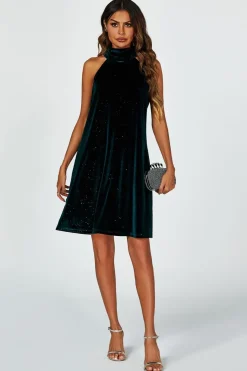 Silver Foil Velvet Halter Neck Tie Back Mini Dress In Green by FS Collection