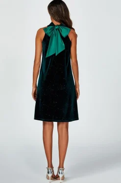 Silver Foil Velvet Halter Neck Tie Back Mini Dress In Green by FS Collection