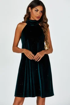 Silver Foil Velvet Halter Neck Tie Back Mini Dress In Green by FS Collection