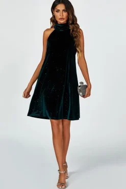 Silver Foil Velvet Halter Neck Tie Back Mini Dress In Green by FS Collection