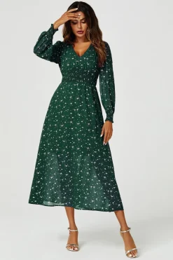 Silver Star Foil Long Sleeve Maxi Dress In Green by FS Collection