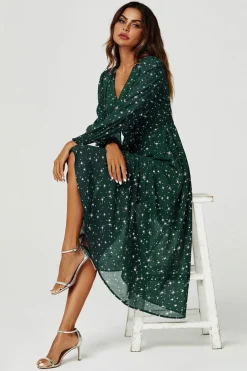 Silver Star Foil Long Sleeve Maxi Dress In Green by FS Collection