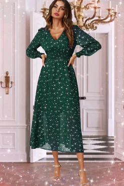 Silver Star Foil Long Sleeve Maxi Dress In Green by FS Collection
