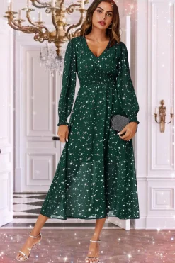 Silver Star Foil Long Sleeve Maxi Dress In Green by FS Collection