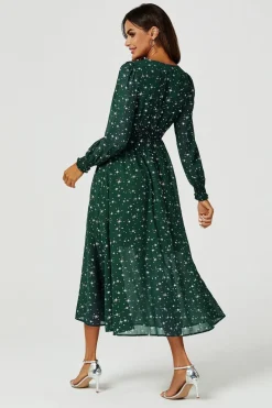 Silver Star Foil Long Sleeve Maxi Dress In Green by FS Collection