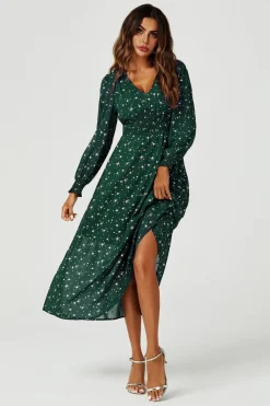 Silver Star Foil Long Sleeve Maxi Dress In Green by FS Collection