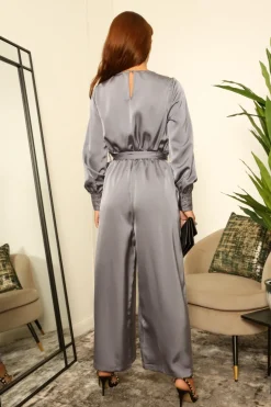 Silver/blue Lux Satin Wrap Jumpsuit by Double Second