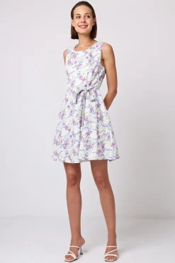Skater Mini Dress With Tie Belt In White Floral by Angeleye