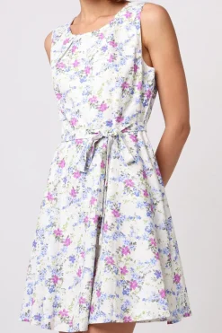 Skater Mini Dress With Tie Belt In White Floral by Angeleye