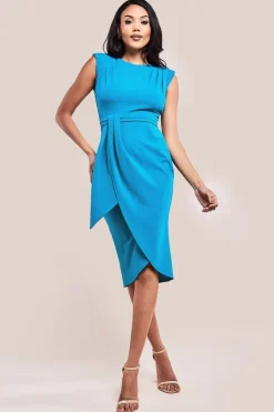Sleeveless Asymmetric Wrap Midi Dress - Teal Blue by Goddiva