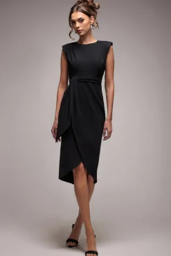 Sleeveless Asymmetric Wrap Midi Dress - Black by Goddiva