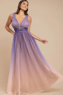 Sleeveless Ombre Pleated A-Line Maxi Dress - Lilac Ombre by Goddiva