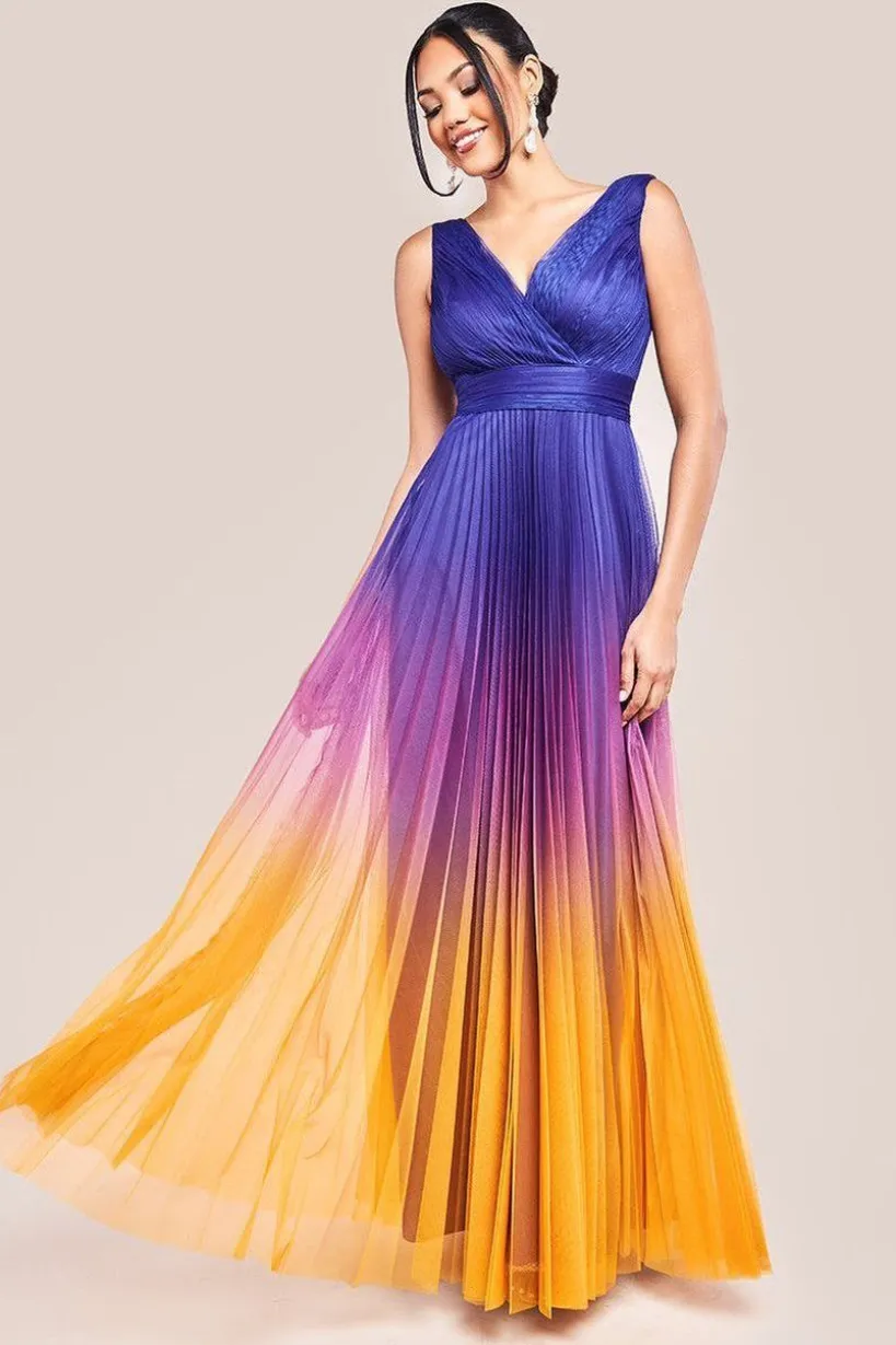 Sleeveless Ombre Pleated Maxi Dress - Navy Ombre by Goddiva