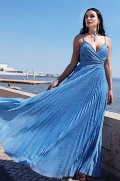 Sleeveless Pleated A Line Lurex Maxi Dress - Blue by Goddiva