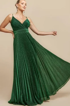 Sleeveless Pleated A Line Lurex Maxi Dress - Emerald Green by Goddiva