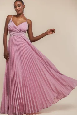 Sleeveless Pleated A Line Lurex Maxi Dress - Pink by Goddiva