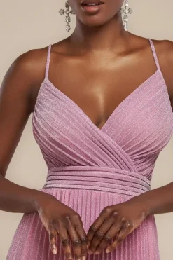 Sleeveless Pleated A Line Lurex Maxi Dress - Pink by Goddiva