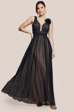 Sleeveless Pleated Dobby Mesh Corsage Maxi Dress - Black by Goddiva
