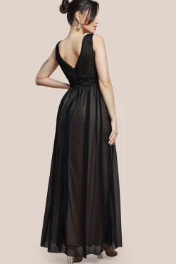 Sleeveless Pleated Dobby Mesh Corsage Maxi Dress - Black by Goddiva