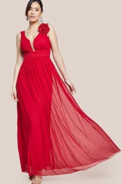 Sleeveless Pleated Dobby Mesh Corsage Maxi Dress - Red by Goddiva