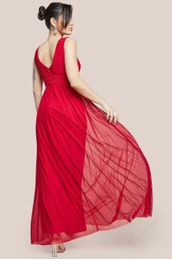 Sleeveless Pleated Dobby Mesh Corsage Maxi Dress - Red by Goddiva