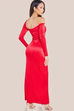 Slinky Satin One Shoulder Split Maxi Dress - Red by Goddiva