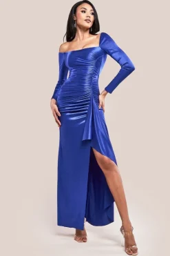 Slinky Satin One Shoulder Split Maxi Dress - Royal Blue by Goddiva