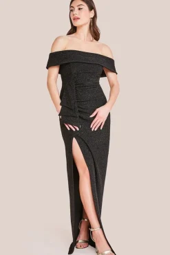 Sparkle Bardot Maxi With Waterfall Ruffle - Black by Goddiva