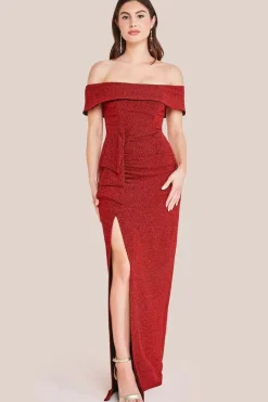 Sparkle Bardot Maxi With Waterfall Ruffle - Red by Goddiva