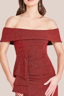 Sparkle Bardot Maxi With Waterfall Ruffle - Red by Goddiva