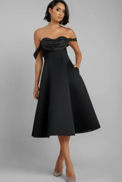 Sparkle Chiffon Cowl Bardot Skater Midi Dress - Black by Goddiva