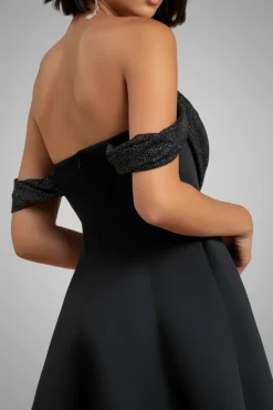 Sparkle Chiffon Cowl Bardot Skater Midi Dress - Black by Goddiva