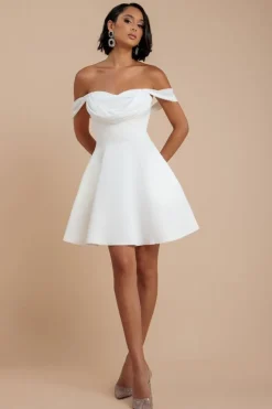 Sparkle Chiffon Cowl Bardot Skater Mini Dress - Cream by Goddiva