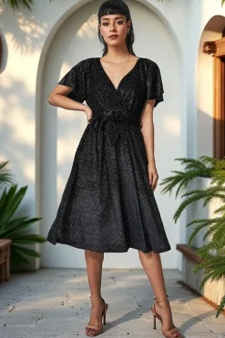 Sparkle Wrap Style Flutter Sleeve Midi Dress - Black by Goddiva