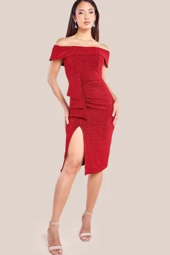Sparkling Bardot Midi With Waterfall Ruffle - Red by Goddiva