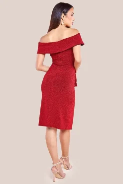 Sparkling Bardot Midi With Waterfall Ruffle - Red by Goddiva
