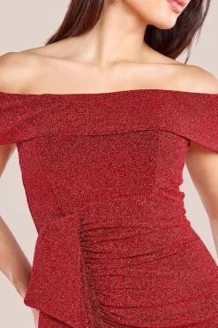 Sparkling Bardot Midi With Waterfall Ruffle - Red by Goddiva
