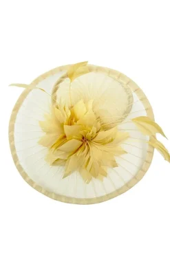 Spiral Circular Brim Fascinator With Feathers Burst In Beige by SVNX