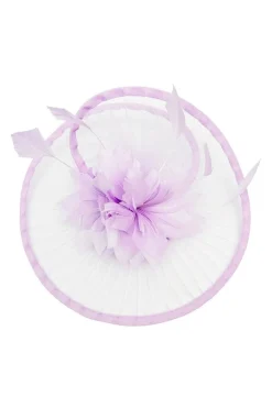 Spiral Circular Brim Fascinator With Feathers Burst In Lilac by SVNX