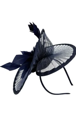 Spiral Circular Brim Fascinator With Feathers Burst In Navy by SVNX