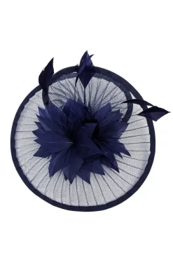 Spiral Circular Brim Fascinator With Feathers Burst In Navy by SVNX