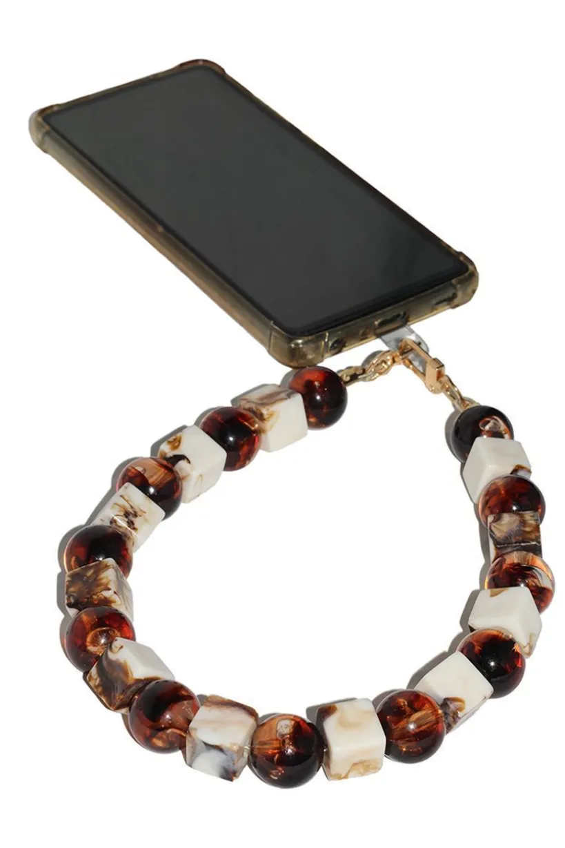 Square & Ball Style Acrylic Phone Strap - White & Brown by Goddiva Accessories