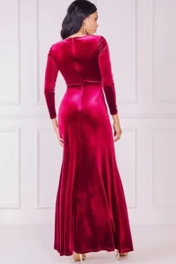 Square Neck Gathered Waist Velvet Maxi - Burgundy by Goddiva