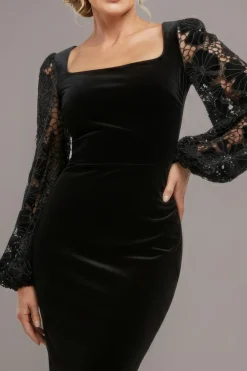 Square Neck Scalloped Crochet Sleeve Velvet Midi Dress - Black by Goddiva